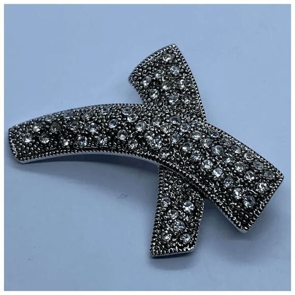 Eisenberg Ice Silver Tone Rhinestone Covered Swoosh / "X" Abstract Brooch / Pin - Picture 4 of 7